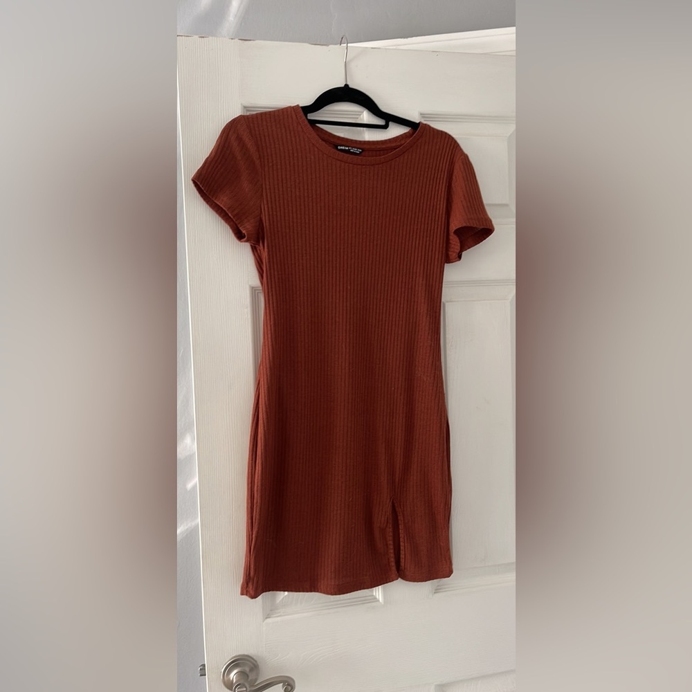 Rust orange colored short sleeve sweater dress
